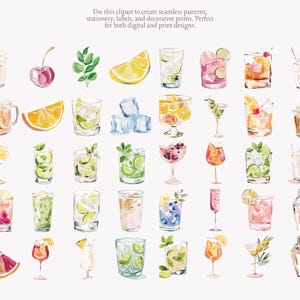 May include: Watercolor illustrations of various cocktails and drinks, including margaritas, daiquiris, and fruit-infused beverages. The image features a variety of glasses, garnishes, and fruit slices. The text at the top says, "Use this clipart to create seamless patterns, stationery, labels, and decorative prints."