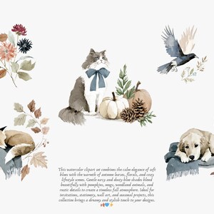 May include: Watercolor clipart featuring a gray and white cat with a blue bow, pumpkins, and a pinecone. Other elements include a sleeping fox, a dog, a bird, and floral arrangements. The overall theme is autumn.