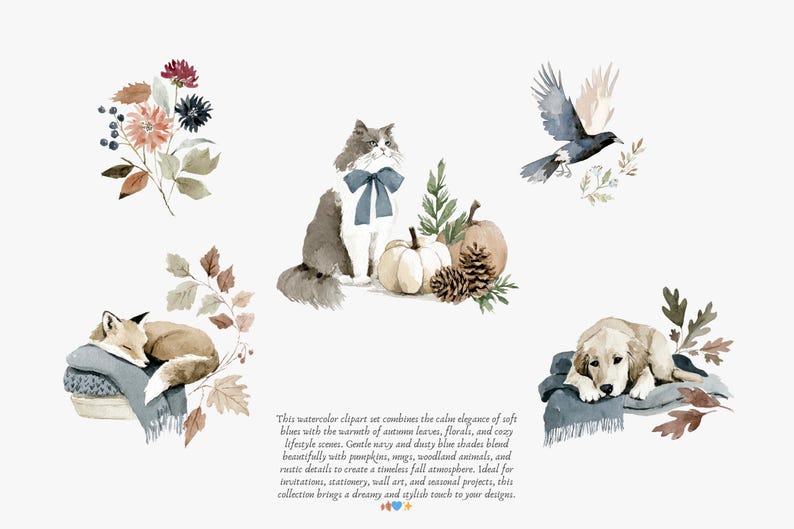 May include: Watercolor clipart featuring a gray and white cat with a blue bow, pumpkins, and a pinecone. Other elements include a sleeping fox, a dog, a bird, and floral arrangements. The overall theme is autumn.