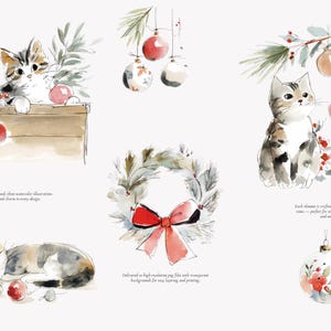 watercolor christmas kitten clipart set, cozy holiday cats, festive winter kittens, cute watercolor pet illustrations for cards & crafts image 2
