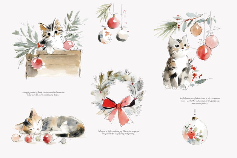 Watercolor Christmas Kitten Clipart Set, Cozy Holiday Cats, Festive ...