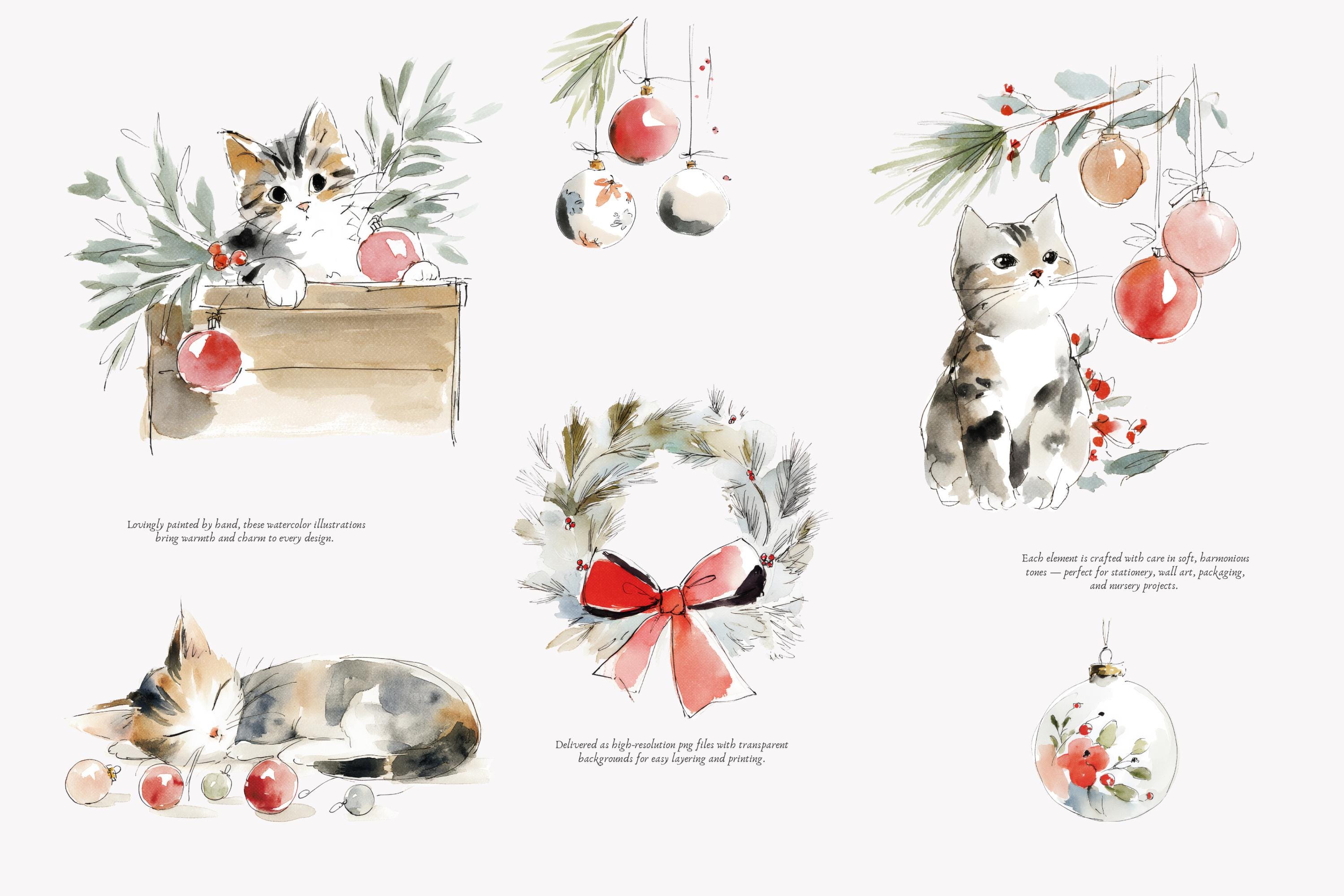 Watercolor Christmas Kitten Clipart Set, Cozy Holiday Cats, Festive ...