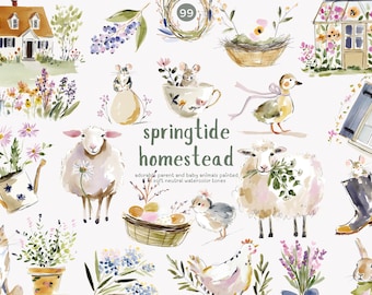 springtide homestead watercolor clipart bundle – pastel animals, flowers, homes and garden scenes for stationery, wall art and nursery
