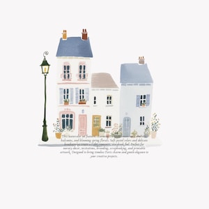 May include: Watercolor illustration of three Parisian houses with blue, pink, and beige facades, balconies, and flower boxes. A green lamppost stands to the left. The image has a soft, pastel color palette and text at the bottom.