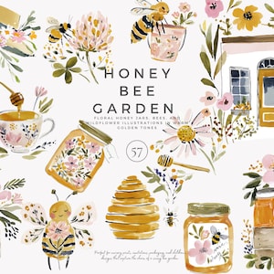 Pode incluir: Ilustração em aquarela com potes de mel, abelhas, flores e uma colmeia. O texto "HONEY BEE GARDEN" é exibido. A obra de arte usa tons dourados quentes e elementos florais, com uma xícara de chá, um pegador de mel e um chapéu de palha.