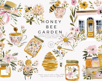 honey bee garden clipart, floral honey jars watercolor, wildflower bee illustrations, cottagecore golden tones, summer floral art set