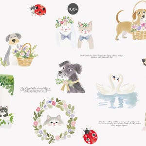以下が含まれることがあります： 水彩画のイラストで、馬、犬、猫、白鳥など様々な動物が描かれています。花輪や花束で飾られています。てんとう虫と花のバスケットも特徴です。画像は柔らかいパステルカラーです。