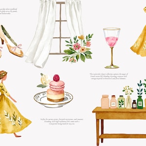 May include: Watercolor illustration featuring a yellow dress, high heels, a wine glass, and a table with jars and vases. The image has a soft, romantic aesthetic with floral and botanical elements.