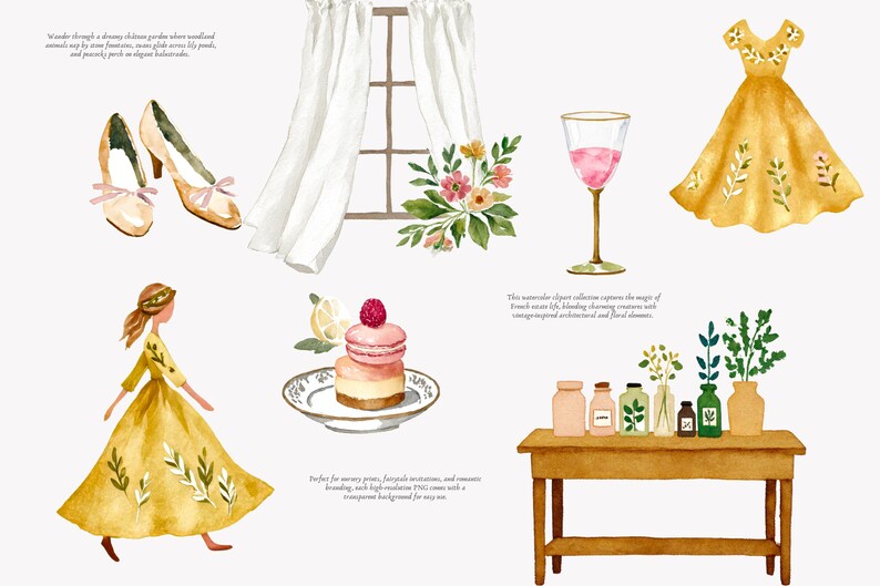 May include: Watercolor illustration featuring a yellow dress, high heels, a wine glass, and a table with jars and vases. The image has a soft, romantic aesthetic with floral and botanical elements.