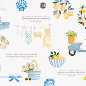 May include: Watercolor illustrations of summer items, including a sailboat, beachwear, lemons, a scooter, and a basket of flowers. The image has a light blue and yellow color scheme, evoking a beach theme.