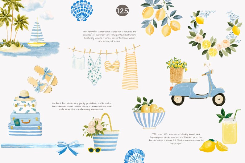 May include: Watercolor illustrations of summer items, including a sailboat, beachwear, lemons, a scooter, and a basket of flowers. The image has a light blue and yellow color scheme, evoking a beach theme.