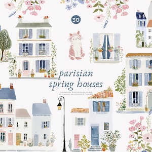 May include: Watercolor illustration of Parisian spring houses with blue shutters, balconies, and floral accents. The image features a variety of charming buildings, a cat, and the text "Parisian Spring Houses". The artwork is in soft pastel colors.