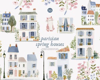 parisian spring houses watercolor clipart, french village buildings, storybook paris homes, nursery decor illustrations, pastel png set