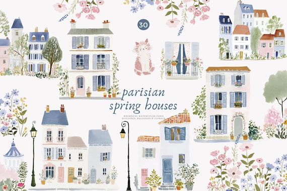 parisian spring houses watercolor clipart, french village buildings, storybook paris homes, nursery decor illustrations, pastel png set