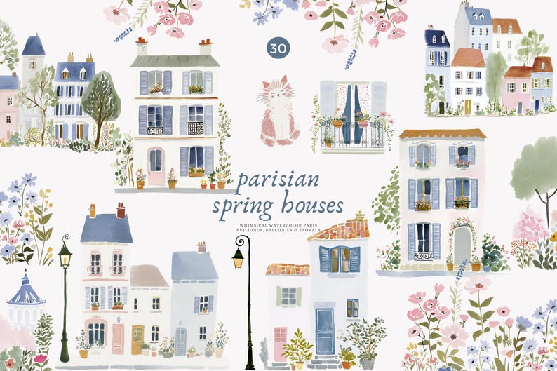 May include: Watercolor illustration of Parisian spring houses with blue shutters, balconies, and floral accents. The image features a variety of charming buildings, a cat, and the text "Parisian Spring Houses". The artwork is in soft pastel colors.