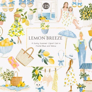 May include: Watercolor clipart set titled "Lemon Breeze" in pastel blue and yellow. The image features illustrations of lemons, dresses, a bicycle, a beach bag, and other summer-themed items. The text in the image reads "Lemon Breeze: A Sunny Summer Clipart Set in Pastel Blue and Yellow."