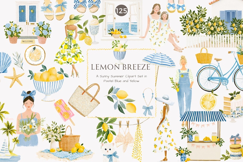 May include: Watercolor clipart set titled "Lemon Breeze" in pastel blue and yellow. The image features illustrations of lemons, dresses, a bicycle, a beach bag, and other summer-themed items. The text in the image reads "Lemon Breeze: A Sunny Summer Clipart Set in Pastel Blue and Yellow."