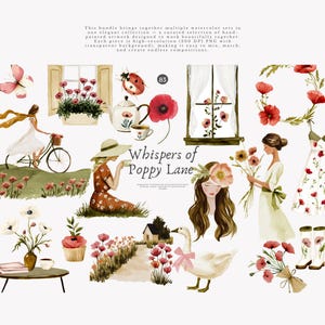 May include: Watercolor illustrations featuring a variety of elements, including a woman on a bicycle, a ladybug, a goose with a pink bow, and a dress adorned with red poppies. The text "Whispers of Poppy Lane" is also present.