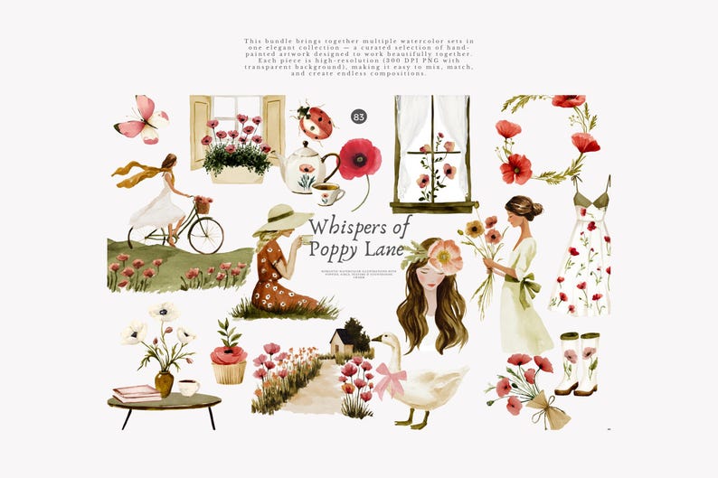 May include: Watercolor illustrations featuring a variety of elements, including a woman on a bicycle, a ladybug, a goose with a pink bow, and a dress adorned with red poppies. The text "Whispers of Poppy Lane" is also present.
