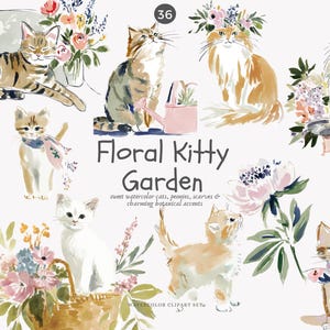 watercolor cats clipart set with floral kittens, botanical accents, pastel garden flowers, nursery art png illustrations