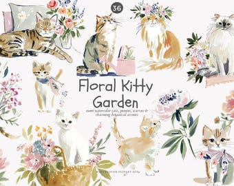 watercolor cats clipart set with floral kittens, botanical accents, pastel garden flowers, nursery art png illustrations