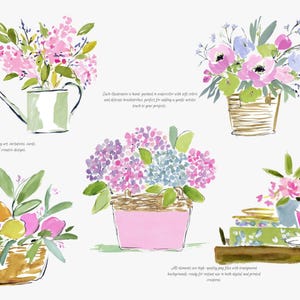 May include: Watercolor illustrations of floral arrangements in various containers. The arrangements feature pink, purple, and yellow flowers with green foliage. Includes a watering can, baskets, and a pink teacup on a tray. Text: "Each illustration is hand painted in watercolor with soft colors and delicate brushstrokes, perfect for adding a gentle artistic touch to your projects."