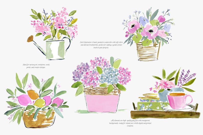 May include: Watercolor illustrations of floral arrangements in various containers. The arrangements feature pink, purple, and yellow flowers with green foliage. Includes a watering can, baskets, and a pink teacup on a tray. Text: "Each illustration is hand painted in watercolor with soft colors and delicate brushstrokes, perfect for adding a gentle artistic touch to your projects."