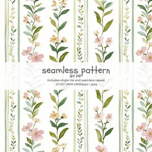 May include: Watercolor seamless pattern featuring vertical stripes with floral and leaf elements. The design includes pink and yellow flowers, green leaves, and light green and white stripes. The text "seamless pattern" is visible.