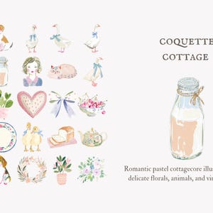 May include: Watercolor illustrations with a coquette cottage theme. The image features a glass bottle with a light brown liquid, surrounded by various pastel-colored drawings of animals, flowers, and food items. Text reads "COQUETTE COTTAGE".