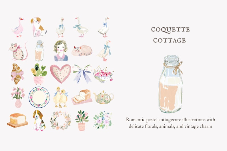 May include: Watercolor illustrations with a coquette cottage theme. The image features a glass bottle with a light brown liquid, surrounded by various pastel-colored drawings of animals, flowers, and food items. Text reads "COQUETTE COTTAGE".