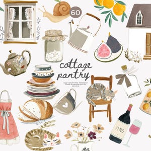 Puede incluir: Ilustración en acuarela con elementos de despensa de cabaña. Incluye una casa, tetera, platos, pan, vino y un gato durmiendo. El texto "cottage pantry" se muestra en el centro de la imagen.