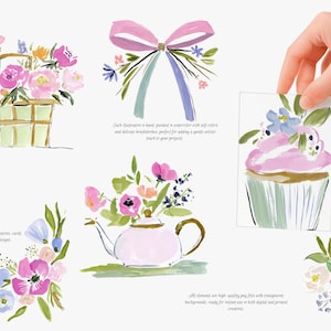 May include: Watercolor illustrations of floral arrangements, a bow, and a cupcake. The images feature pink, blue, and yellow flowers, a pink bow with blue and green ribbons, and a cupcake with pink frosting. Text includes "Each illustration is hand-painted in watercolor with soft colors" and "All elements are high-quality png files."