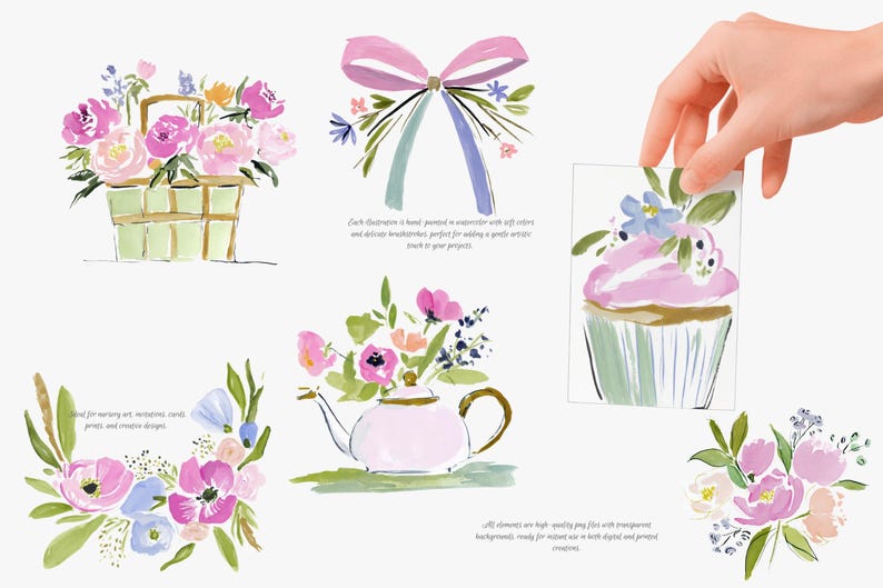 May include: Watercolor illustrations of floral arrangements, a bow, and a cupcake. The images feature pink, blue, and yellow flowers, a pink bow with blue and green ribbons, and a cupcake with pink frosting. Text includes "Each illustration is hand-painted in watercolor with soft colors" and "All elements are high-quality png files."