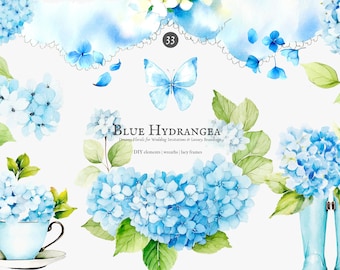 May include: Watercolor illustrations of blue hydrangeas, butterflies, and boots. The illustrations are perfect for wedding invitations, luxury branding, and DIY projects. The text "BLUE HYDRANGEA" and "Dreamy Florals for Wedding Invitations & Luxury Branding" is included in the image.