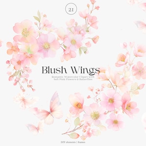 Aquarell Clipart - Png Illustration - Blush Blumen - Pastell Schmetterlinge - Blumen Clipart - romantisch Aquarell - rosa Blumen - Hochzeit