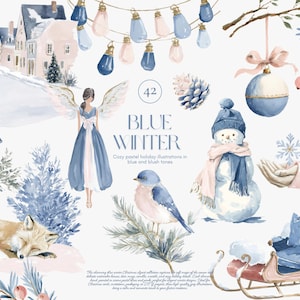 May include: Watercolor illustrations with a winter theme in blue and blush tones. The image includes a sleeping fox, a snowman, an angel, a bird, and a sleigh. The text reads "Blue Winter" and "Cozy pastel holiday illustrations in blue and blush tones."