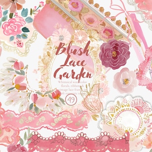 May include: A watercolour illustration with the text "Blush Lace Garden", surrounded by pink floral elements, ribbons, and vintage lace frames. The design includes pink and gold accents, creating a soft, feminine aesthetic.