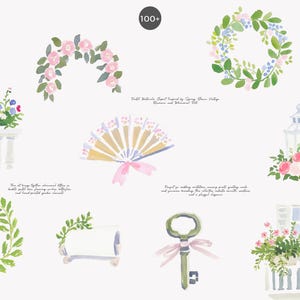 以下が含まれることがあります： 水彩画のイラストで、花輪、バラ、庭のシーンなどの花の要素が描かれています。画像には、扇子、鍵、ランタンがあり、すべてソフトなパステルカラーパレットです。「100+」の文字が中央上部にあります。