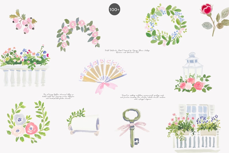 以下が含まれることがあります： 水彩画のイラストで、花輪、バラ、庭のシーンなどの花の要素が描かれています。画像には、扇子、鍵、ランタンがあり、すべてソフトなパステルカラーパレットです。「100+」の文字が中央上部にあります。