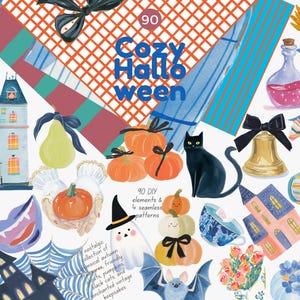 May include: A digital illustration collection titled Cozy Halloween featuring 90 elements including black cats, pumpkins, ghosts, haunted houses, bats, potions, candy, and autumn leaves in a variety of colors and patterns on a white background.