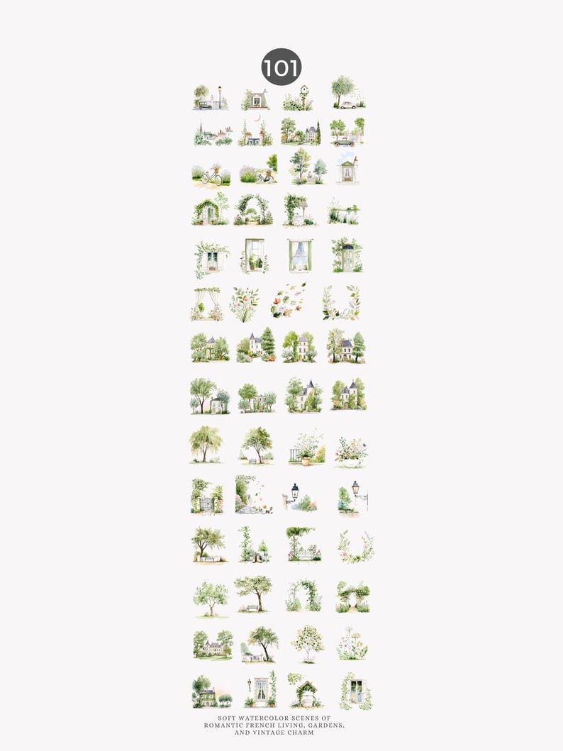 May include: A collection of 101 watercolor stickers featuring romantic French scenes. The stickers depict gardens, houses, trees, arches, and windows. The text at the bottom reads "SOFT WATERCOLOR SCENES OF ROMANTIC FRENCH LIVING, GARDENS, AND VINTAGE CHARM."