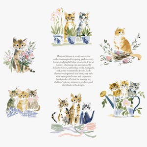 May include: Watercolor illustrations of cats in various poses, surrounded by flowers and plants. The artwork features a soft, pastel color palette and a whimsical style, perfect for nursery art or home decor.