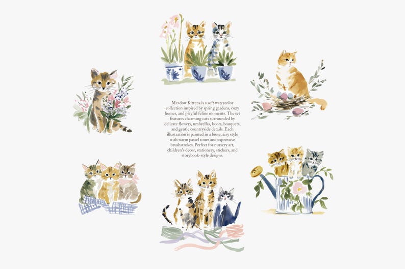 May include: Watercolor illustrations of cats in various poses, surrounded by flowers and plants. The artwork features a soft, pastel color palette and a whimsical style, perfect for nursery art or home decor.