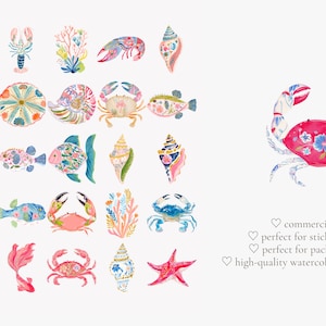 May include: Watercolor illustrations of various sea creatures, including fish, crabs, seahorses, and seashells. The designs feature floral patterns in shades of pink, blue, and green. The image includes text about commercial use and suitability for stickers and labels.