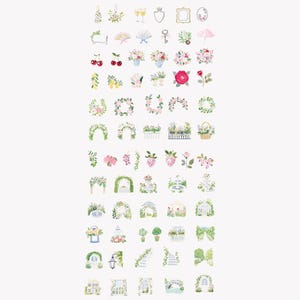 以下が含まれることがあります： 100以上のパステル水彩クリップアート画像のコレクション。イラストには、リボン、フラワーアレンジメント、フレーム、庭のシーンが含まれています。下部のテキストは「PASTEL WATERCOLOR CLIPART INSPIRED BY SPRING BLOOMS, VINTAGE ROMANCE, AND WHIMSICAL PETS」と書かれています。