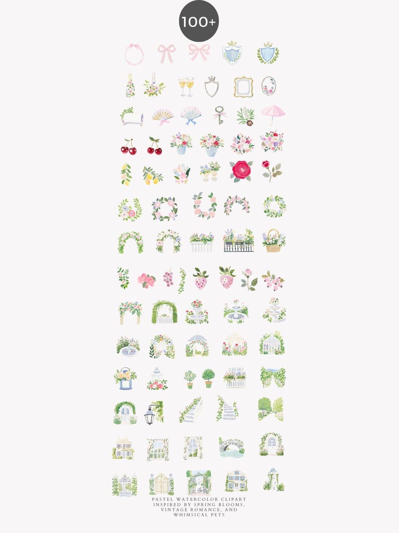 以下が含まれることがあります： 100以上のパステル水彩クリップアート画像のコレクション。イラストには、リボン、フラワーアレンジメント、フレーム、庭のシーンが含まれています。下部のテキストは「PASTEL WATERCOLOR CLIPART INSPIRED BY SPRING BLOOMS, VINTAGE ROMANCE, AND WHIMSICAL PETS」と書かれています。