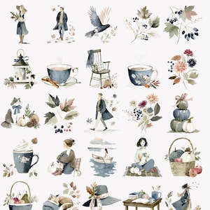 May include: Watercolor clipart featuring cozy blue and fall accents. The image includes illustrations of people, animals, pumpkins, flowers, and other autumn-themed objects. The text at the bottom reads "Watercolor Clipart with Cozy Blue & Fall Accents."