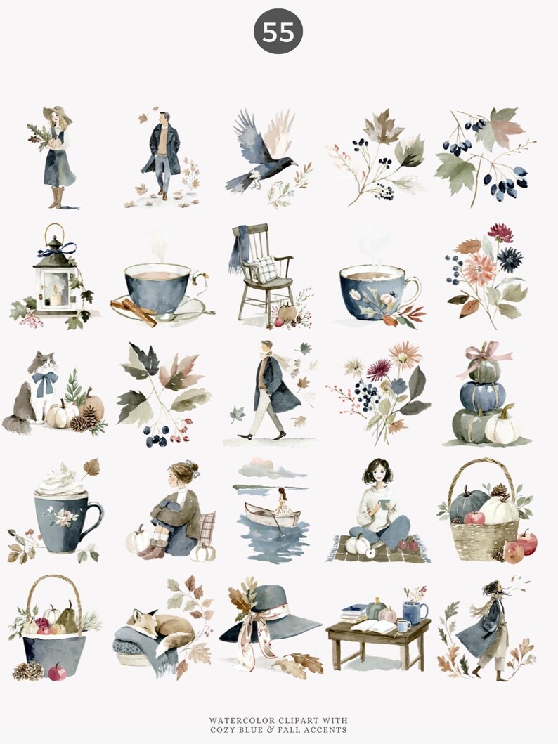 May include: Watercolor clipart featuring cozy blue and fall accents. The image includes illustrations of people, animals, pumpkins, flowers, and other autumn-themed objects. The text at the bottom reads "Watercolor Clipart with Cozy Blue & Fall Accents."