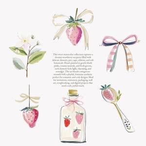 Puede incluir: Ilustraci&oacute;n en acuarela con fresas, lazos, una cuchara y una botella con fresas. El texto dice: "Esta dulce colecci&oacute;n de acuarelas captura una fiesta de t&eacute; de fresas de ensue&ntilde;o..." en rosas suaves y neutros cremosos.