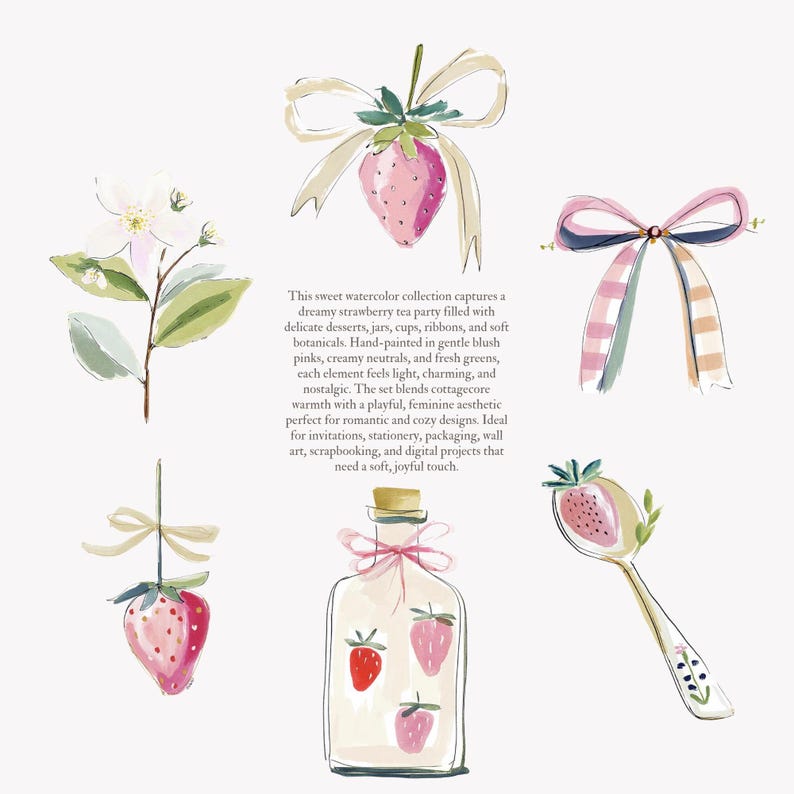Puede incluir: Ilustraci&oacute;n en acuarela con fresas, lazos, una cuchara y una botella con fresas. El texto dice: "Esta dulce colecci&oacute;n de acuarelas captura una fiesta de t&eacute; de fresas de ensue&ntilde;o..." en rosas suaves y neutros cremosos.